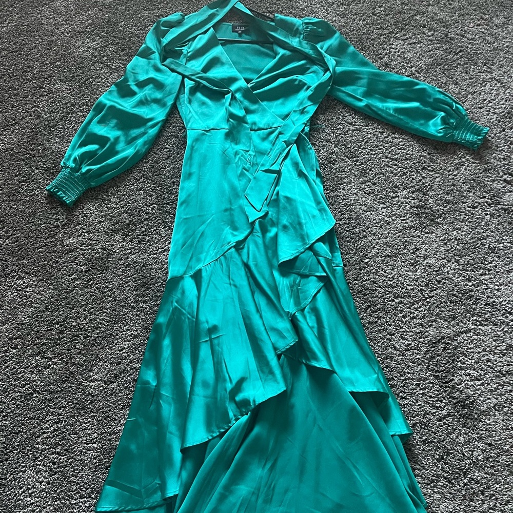 Vici Teal Satin Long Sleeve Dress